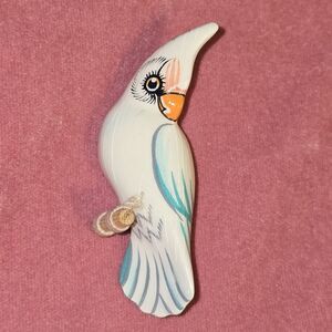 Vintage Wooden Takahashi Style Hand Painted Cockatoo Bird Pin Brooch 2.25" X .75